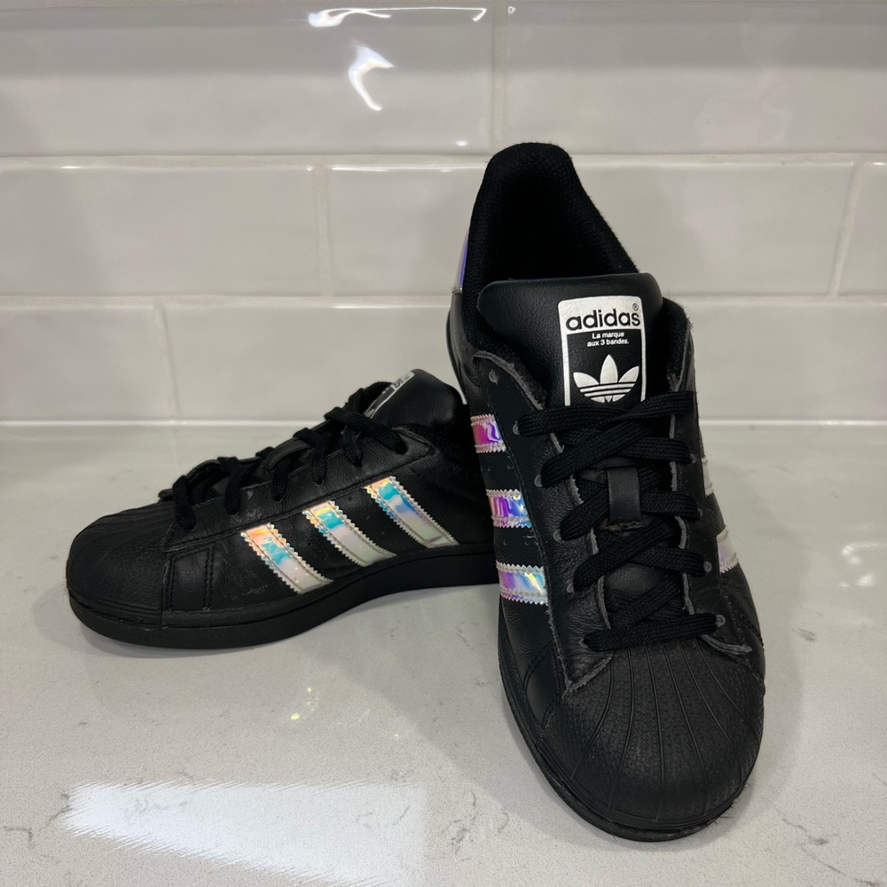 Adidas Black holographic Superstar Sneakers- Size 4